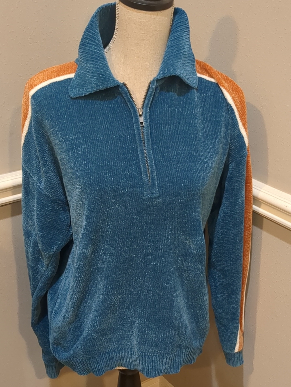 Urban Outfitters Juno Velour Half Zip Chenille Sweater with Orange Stripe
